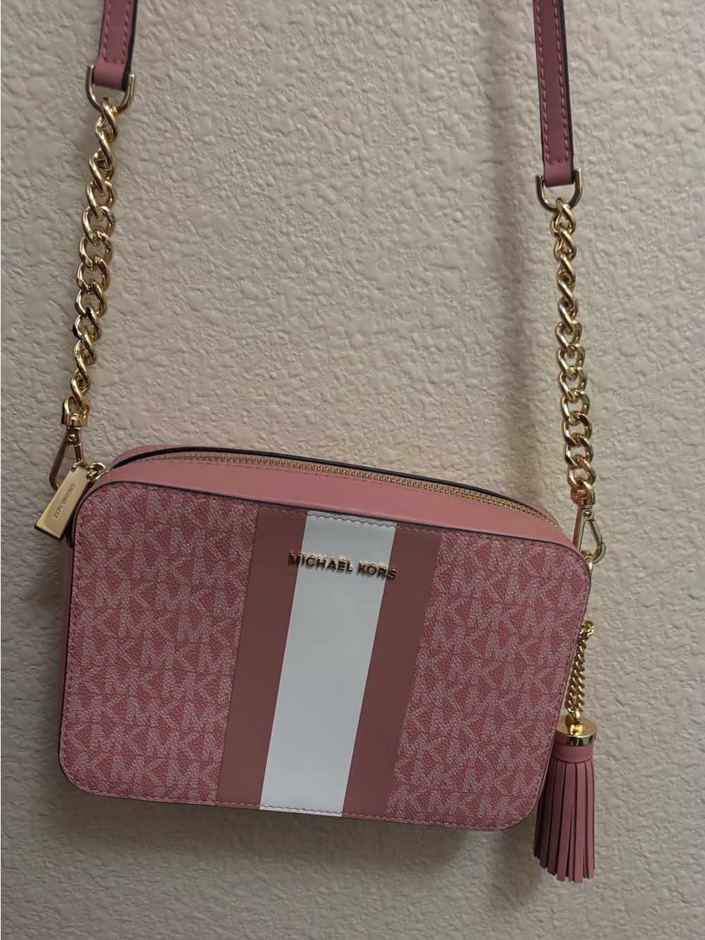 Michael Kors Pink and White Stripe Crossbody Camera Bag